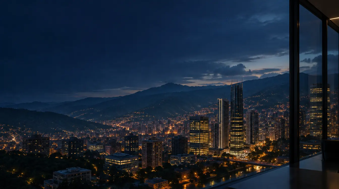 Vista de Medellín al anochecer desde una oficina corporativa
